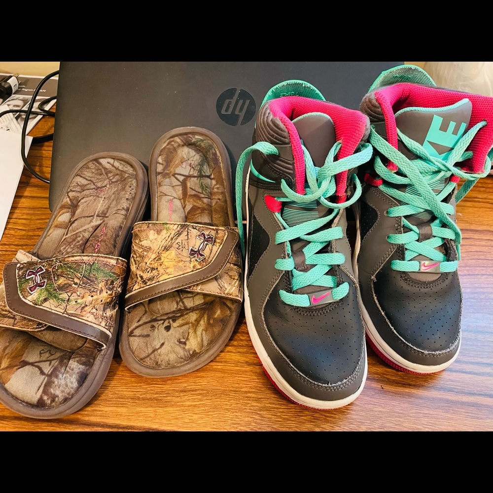 Youth 4Y under Armour sandals and Nike hightop
